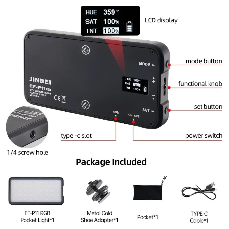 Luz de vídeo LED RGB JINBEI EF-P11 10W, luz de preenchimento para fotografia com CRI96+, 2700-10000K, display LCD, painel de iluminação para câmera, ideal para Vlog.