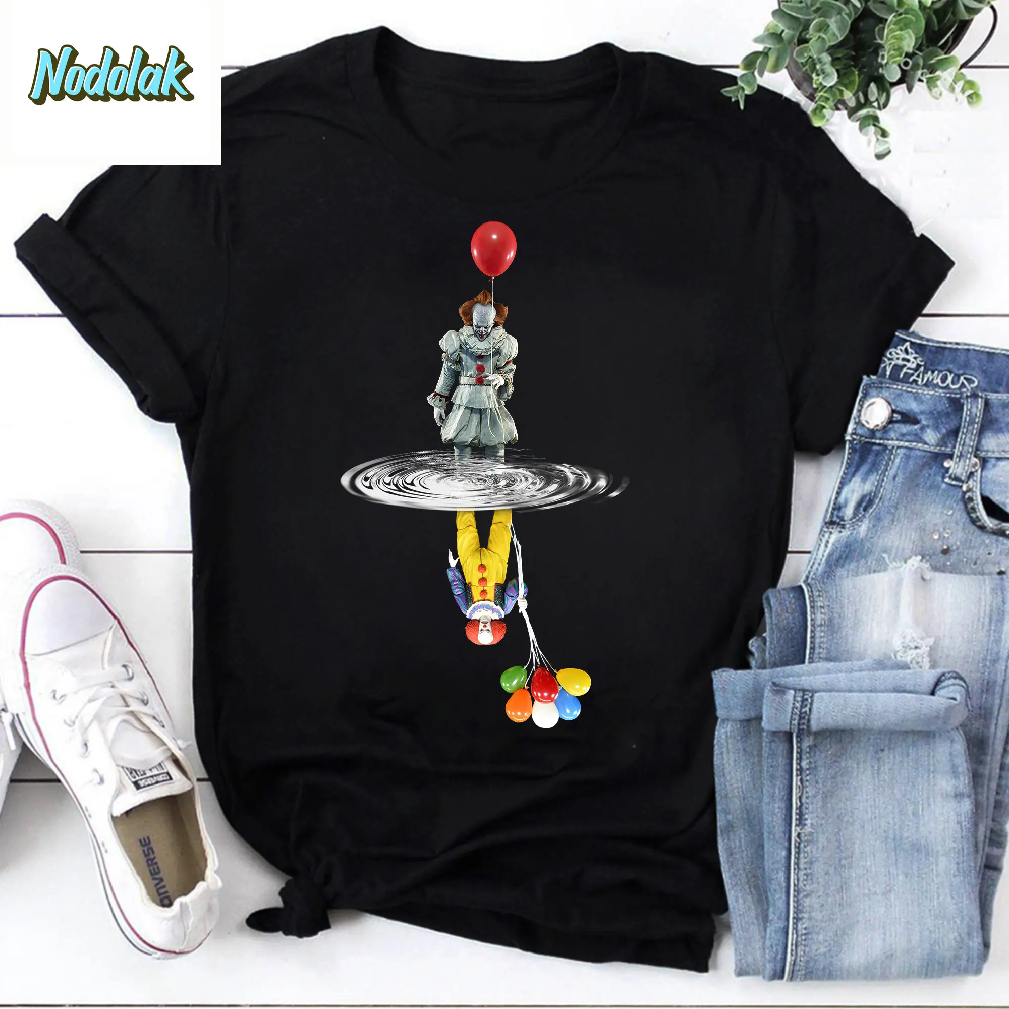 Camiseta Retro de Halloween con espejo de agua reflectante de payaso Pennywise, camiseta con reflejo Pennywise, camiseta de Halloween aterradora