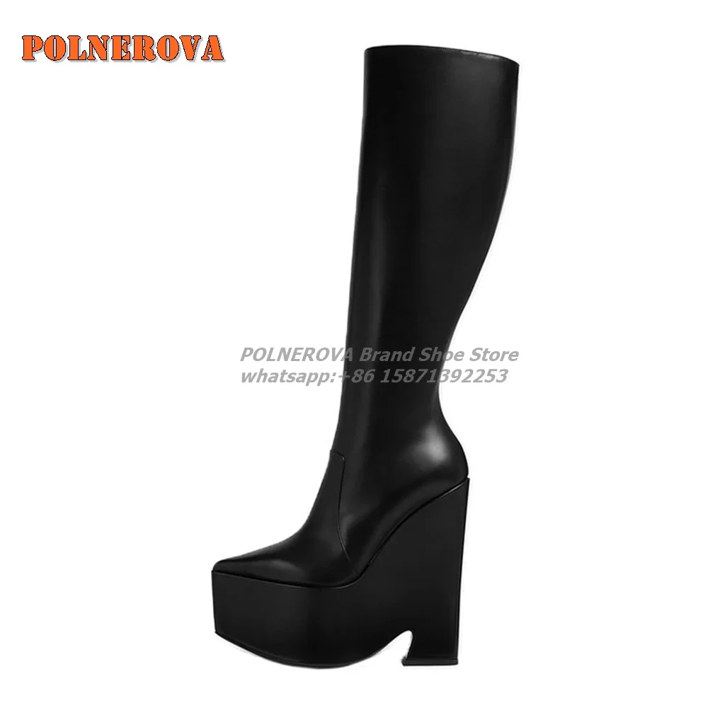 

Black Platform Strange Style Stretch Boots Pointed Toe Height Increasing Side Zipper Big Size Women Knee High Booties 2024 Trend
