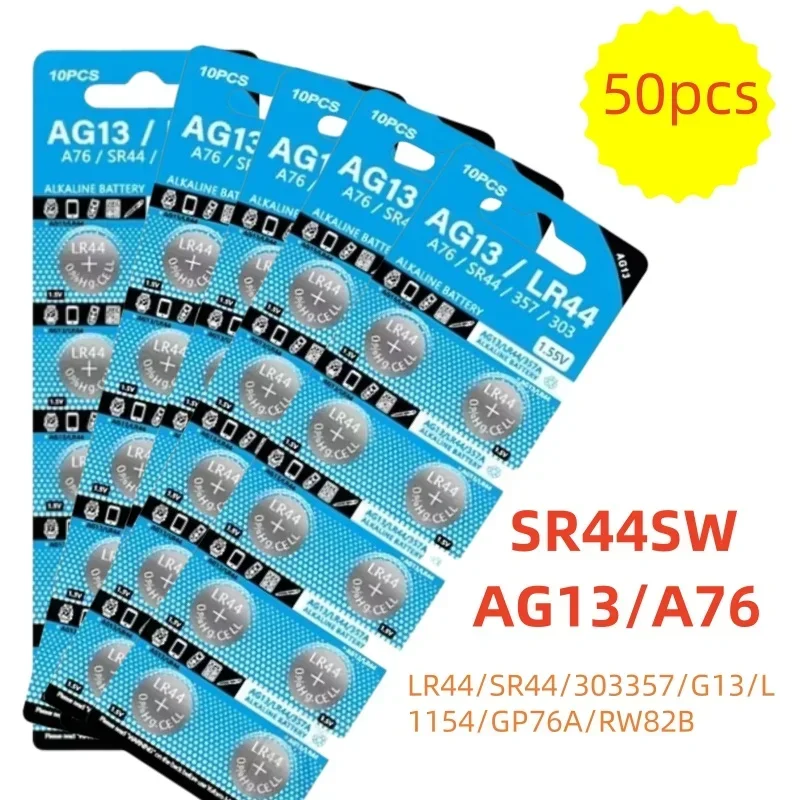 

50PCS AG13 LR44 A76 357A Button Cell Coin Alkaline Battery 1.55V SR44SW L1154 SP76 pila 357 303 for Watches Toys No Mercury