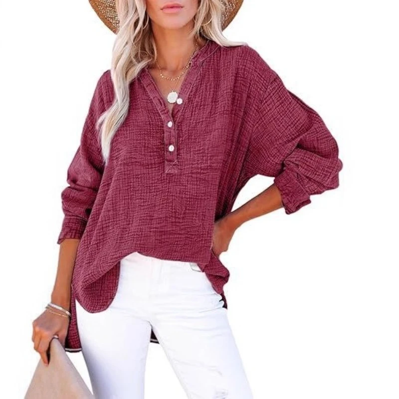 

2025 Fashion Autumn Style Pleated Button Long Sleeve Solid Color Top Women's Shirt Loose Cotton Pullover