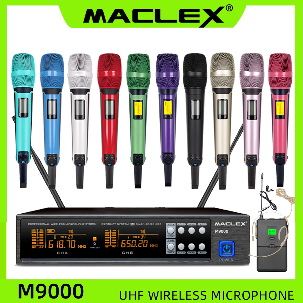 Maclex Karaoke Stage Performance Home KTV SKM9000 M9000 UHF Professional Wireless Dual Microphone System 2 Channel 2 Handheld.