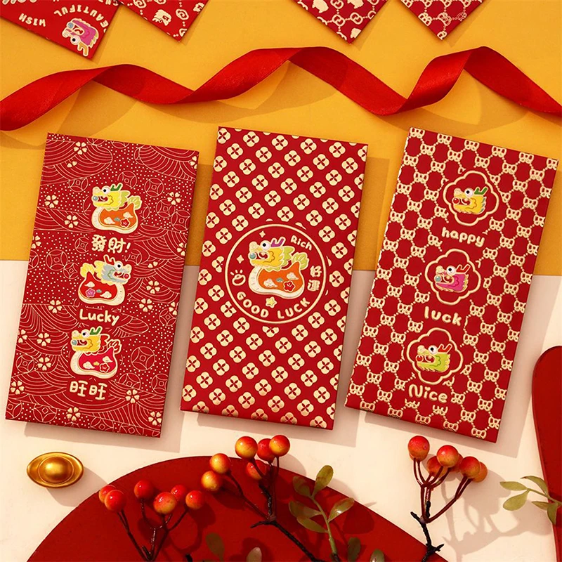 6pcs Chinese New Year Lucky Red Envelope Dragon Gift Envelope Dragon Year 2024 Money Pocket New Year Decorations