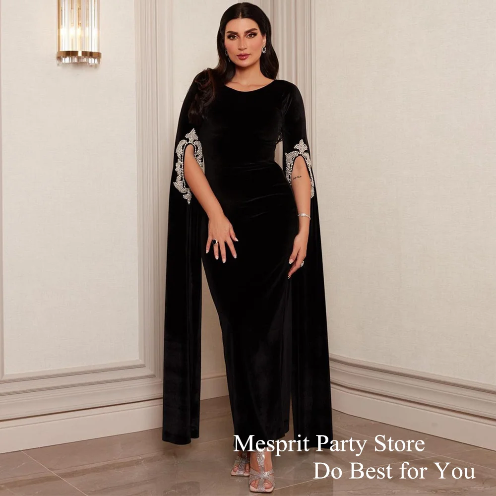 Prom Dress Long Sleeves Round Neck Beading Stones Ankle Length Saudi Arab Evening Dresses Black Mermaid Party Gown