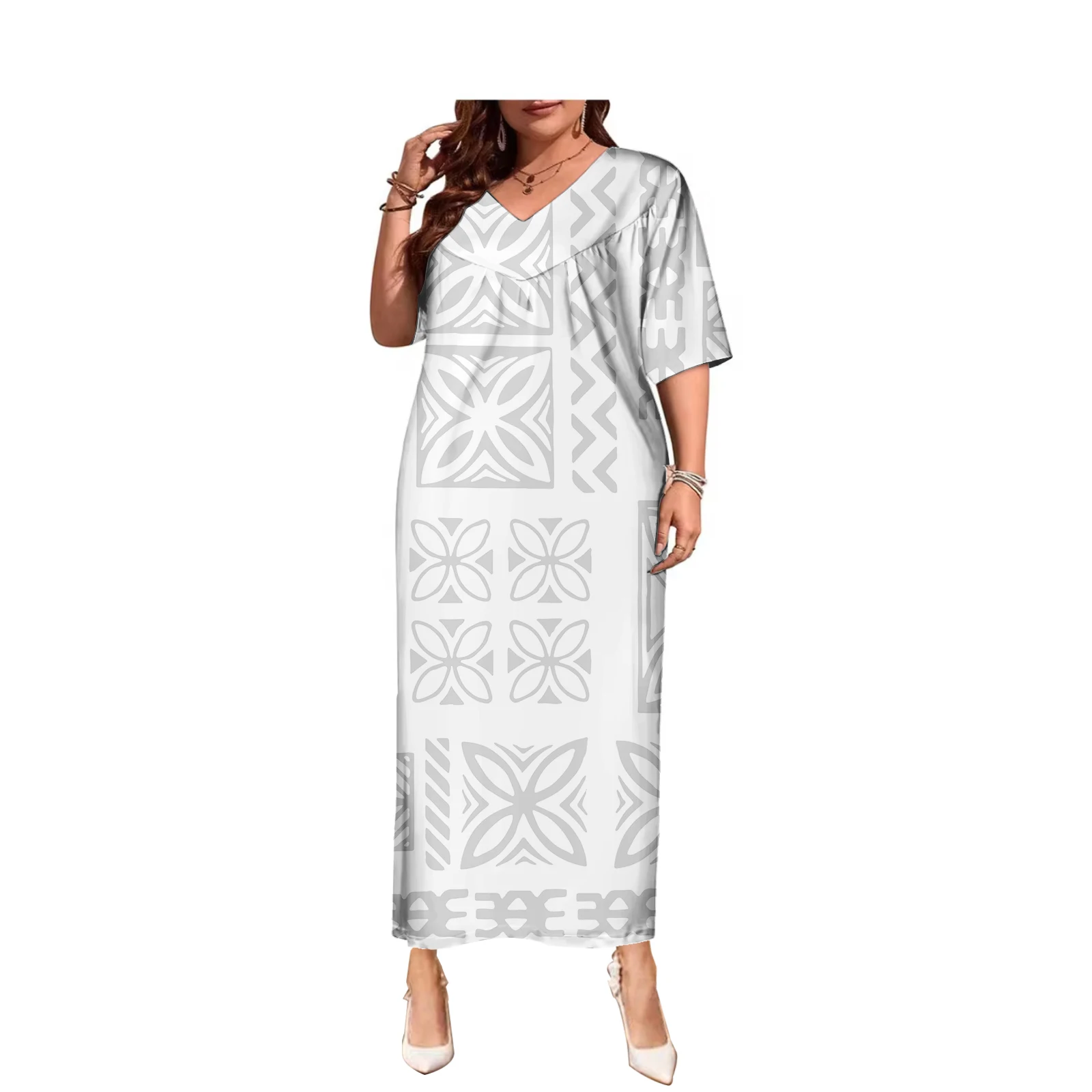 Short Sleeves Maxi Dresses Women Elegant Polynesian Tribal Samoan Tapa White Print Custom Women Sexy Plus Size Church Dress