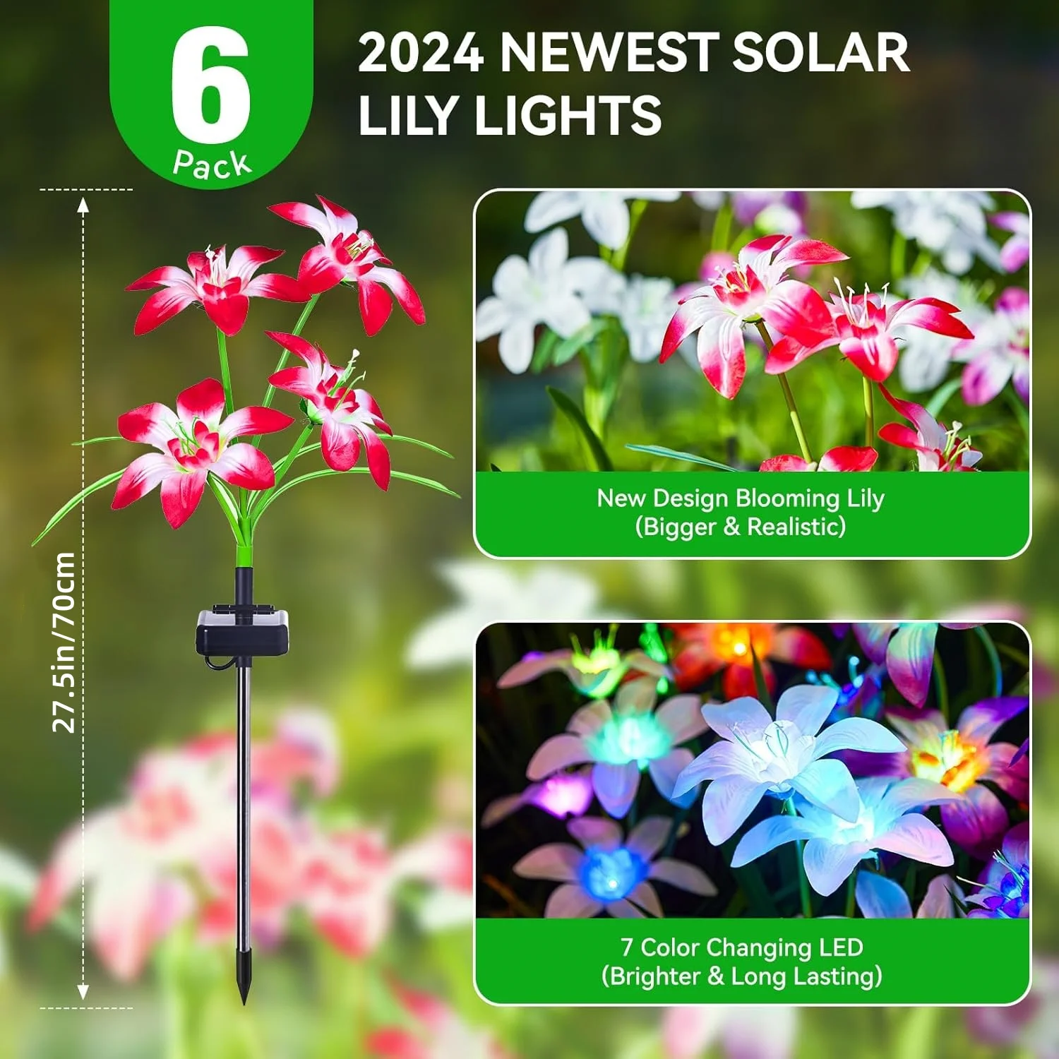 Upgraded Solar Lights 4-Pack | 24 RGB Blooming Lily + 7-Color Flower Lights | Yard/Patio Decor Gift