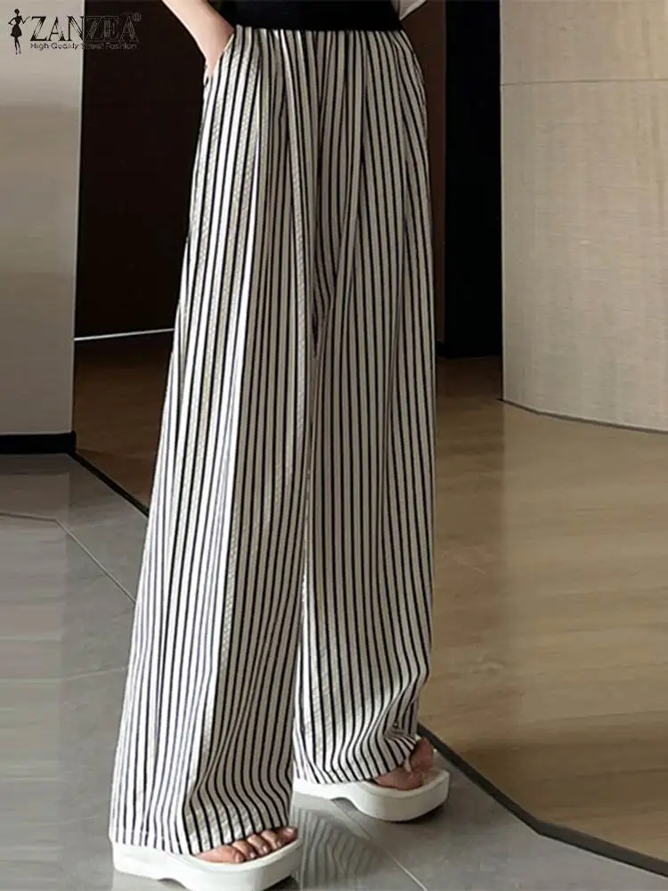 

ZANZEA Casual Pocket Pantalon Korean Fashion Stripes Straight Pants Women Elastic High Waist Pant 2024 Summer Wide Leg Trousers