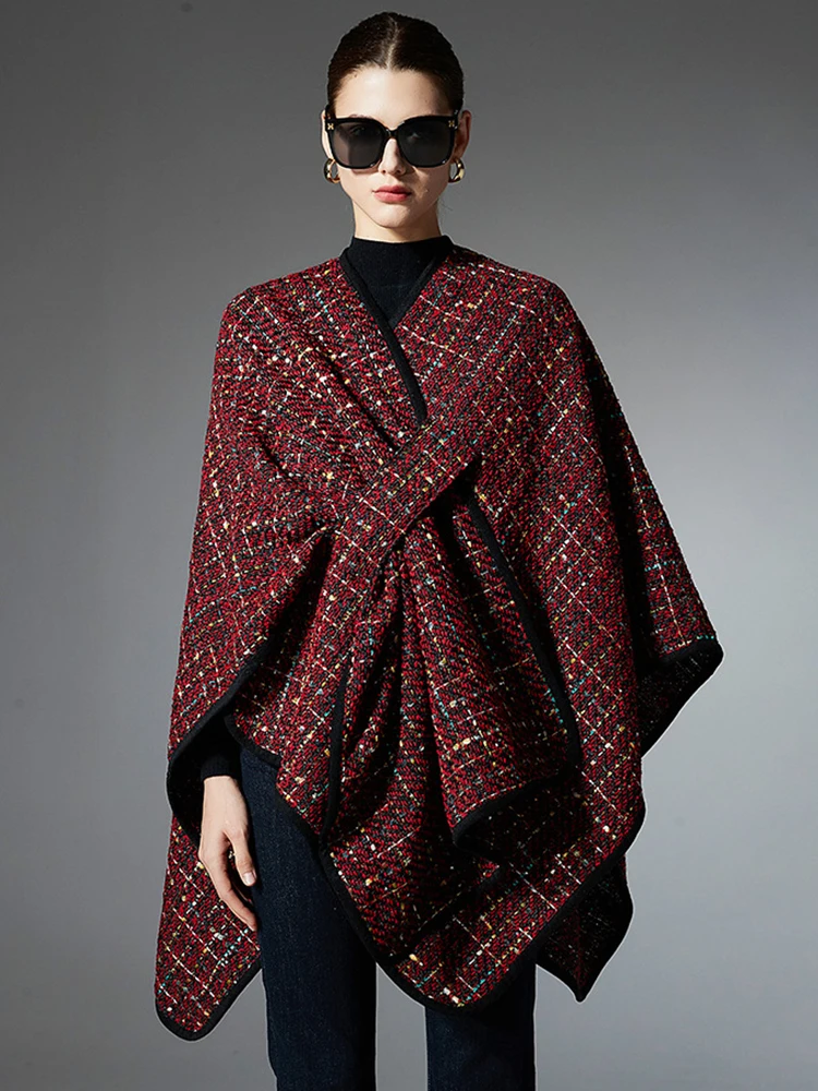 

Осенне-зимний шарф, женский многослойный пончо, элегантный роскошный красный, зеленый, черный клетчатый шарф, шарф Capa Para Mujer, модная вечеринка, новинка