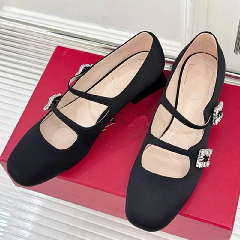 

Withered French Fashion Ladies Diamond Square Buckle Mary Jane Shoes Real Silk Satin Square Heel Shoes Sandals Women