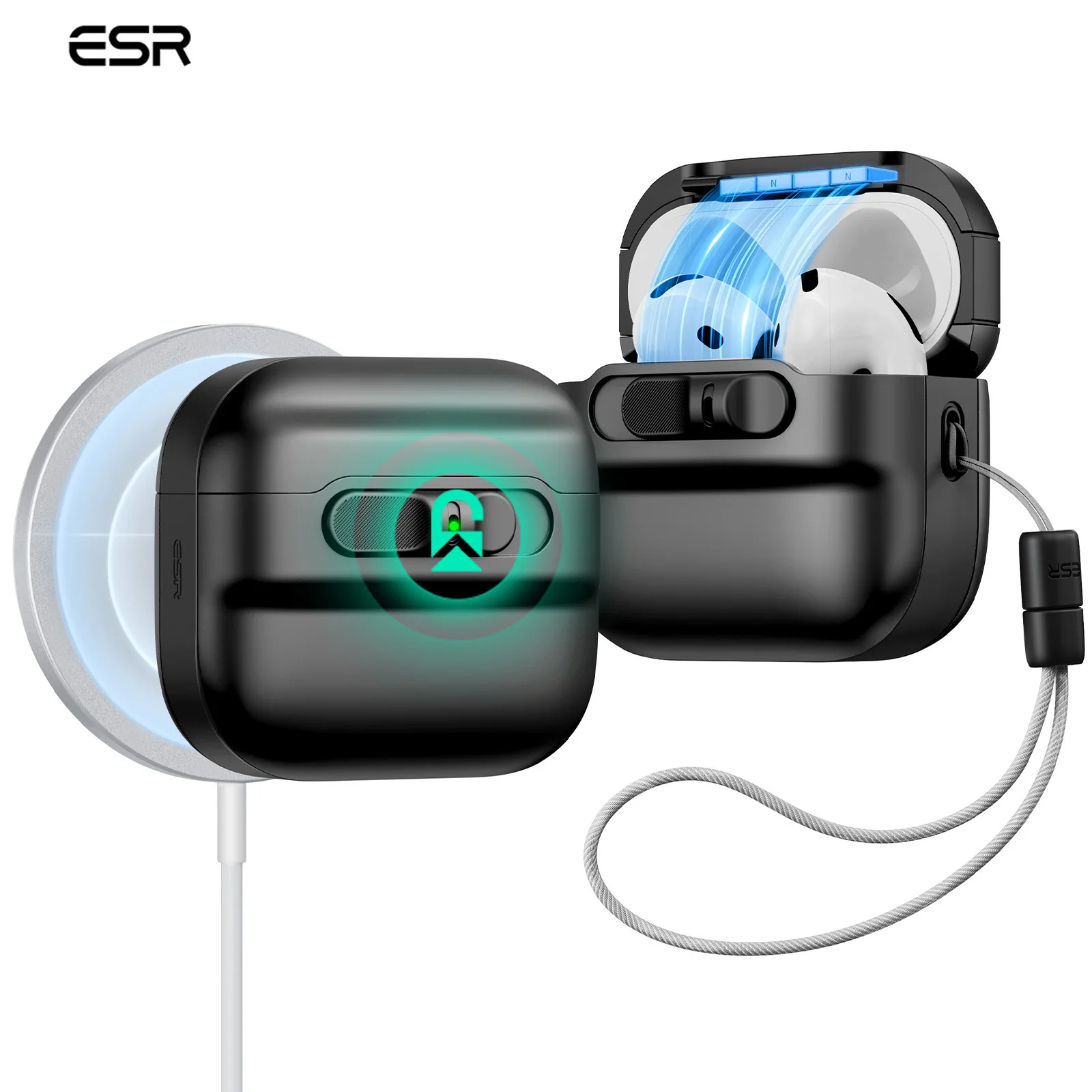 ESR pour AirPods Pro/Pro 2/Pro 3 étui (2019-2025) housse de Protection complète contre les chutes avec lanière pour étui AirPods 4 génération
