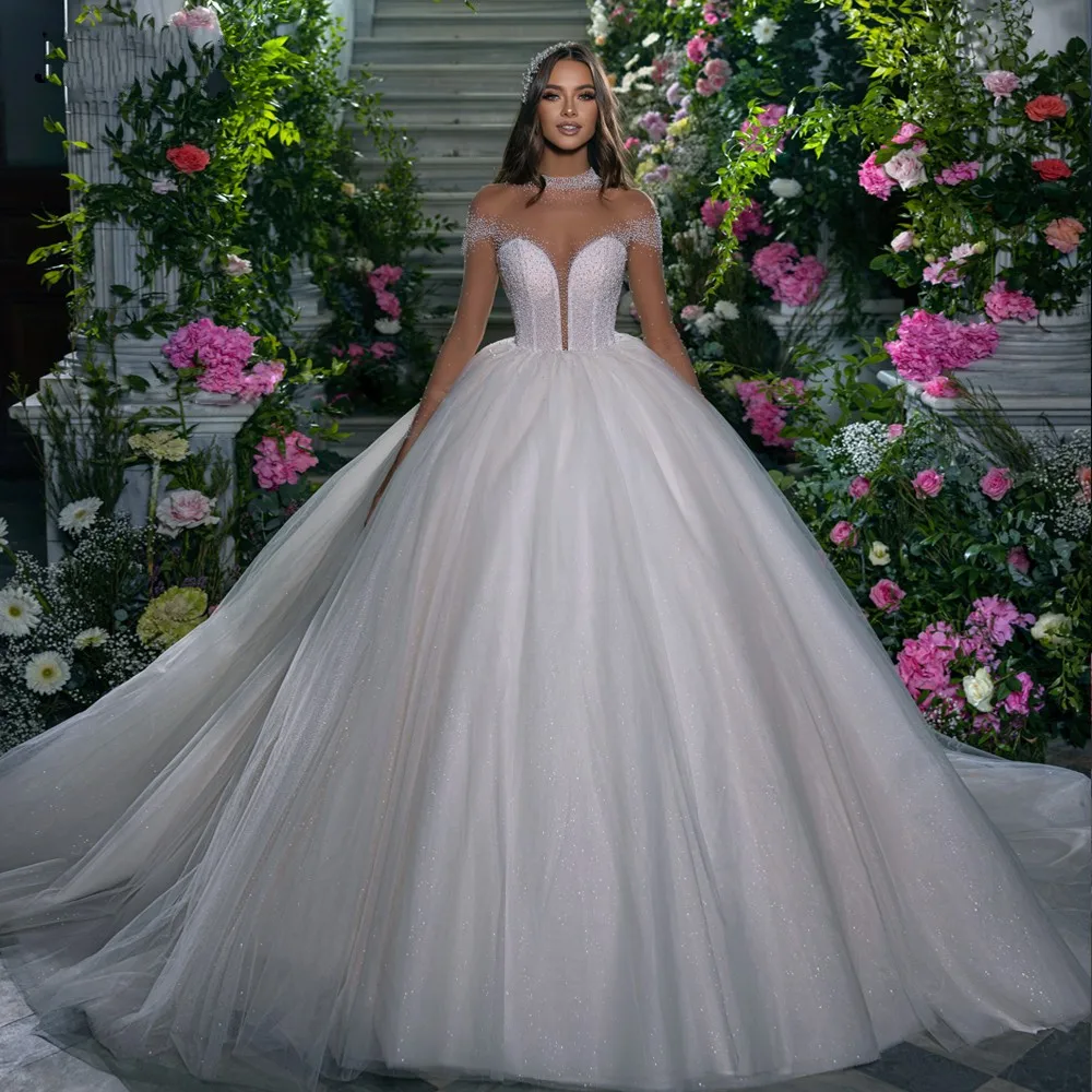 

2024 New Arrival Luxury Wedding Dresses Beading Pearls Crystals High Illusion Neck Princess Bridal Gowns Vestidos De Novia