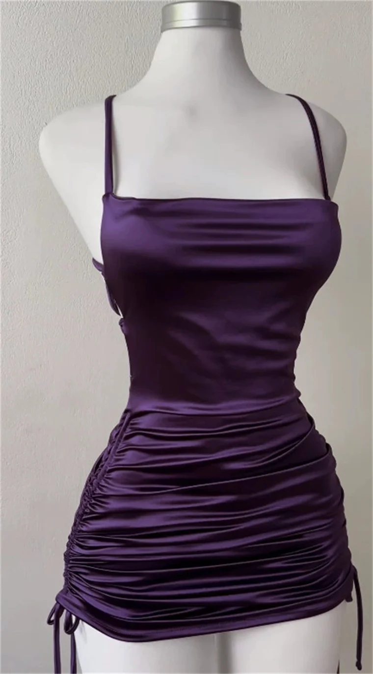 GELITAYIN セクシーなノースリーブ背中の開いたボディコンミニドレス女性の夏のサテンレースアップパーティークラブドレスストリートイブニングブラック Y2K