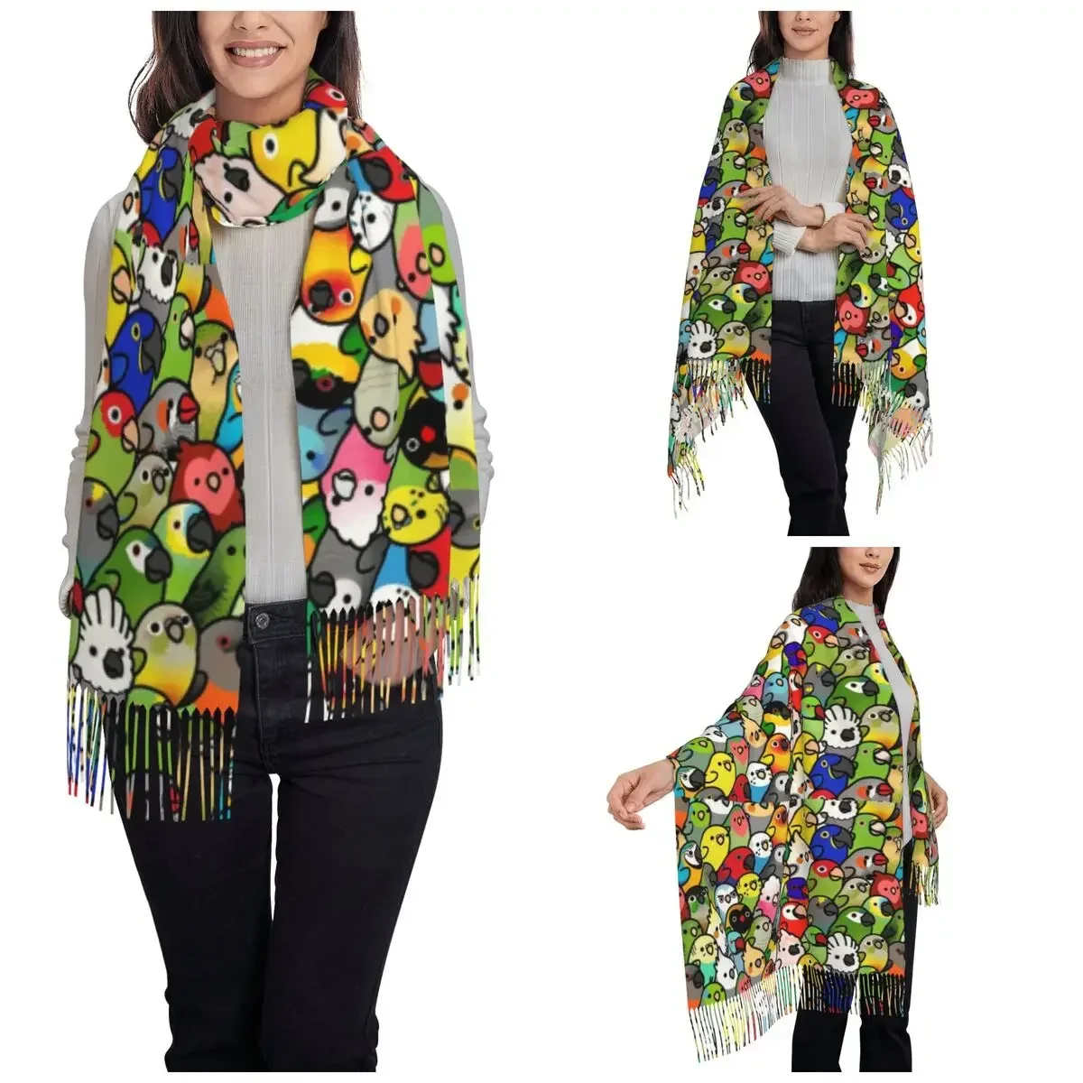 Cockatiel Bird Pattern Shawl Wrap Womens Warm Large Long Scarf Parrots Animal Pashmina Tassel Scarves