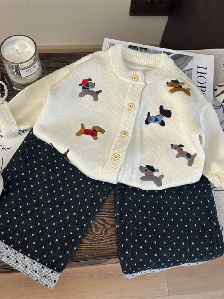 Girls Beige Cartoon Sweater Top Children 2024 New Autumn Collection Fashion Simple Casual Sweater Clothes Korean Simple Style image 3