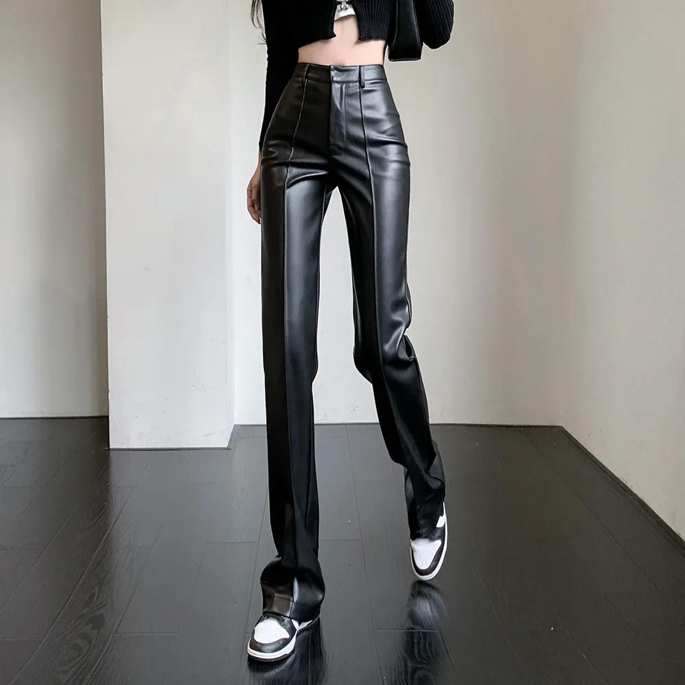 

Winter Casual Full Length PU Leather Pants Straight Loose Street Women 2022 High Waist Faux Leather Trousers Pantalones Mujer