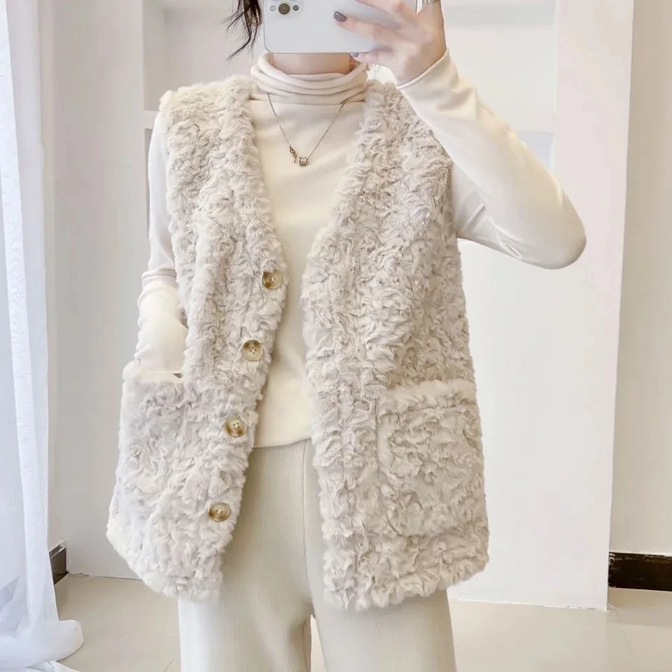 

Imitation Lamb lamb wool Vest Women's Autumn Winter Korean version V-neck Fashion Sleeveless Warm Jacket Lady Short Waistcoat