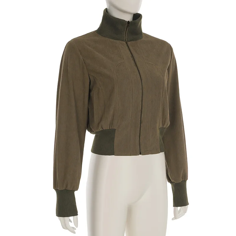 

Vintage Corduroy Patchwork Waist Solid Color Zipper Lapel Jacket Cropped Coat Women's American Top