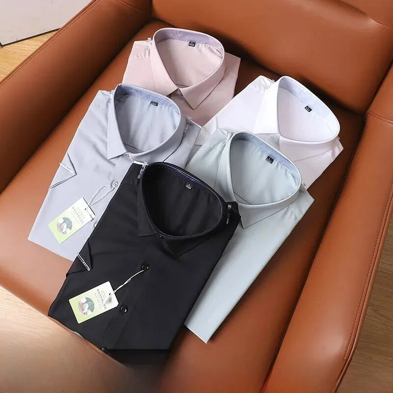 

Мужская повседневная рубашка из модала и шелка с коротким рукавом, дышащая, приятная к коже, стандартного кроя, однотонная, на пуговицах