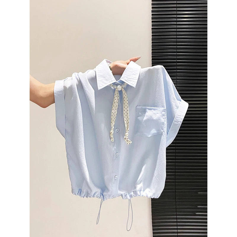 

Summer New Style Polka Dot Ribbon Short Syle Drawstring Cinched Waist Loose Slim Short Sleeve Shirt for Women
