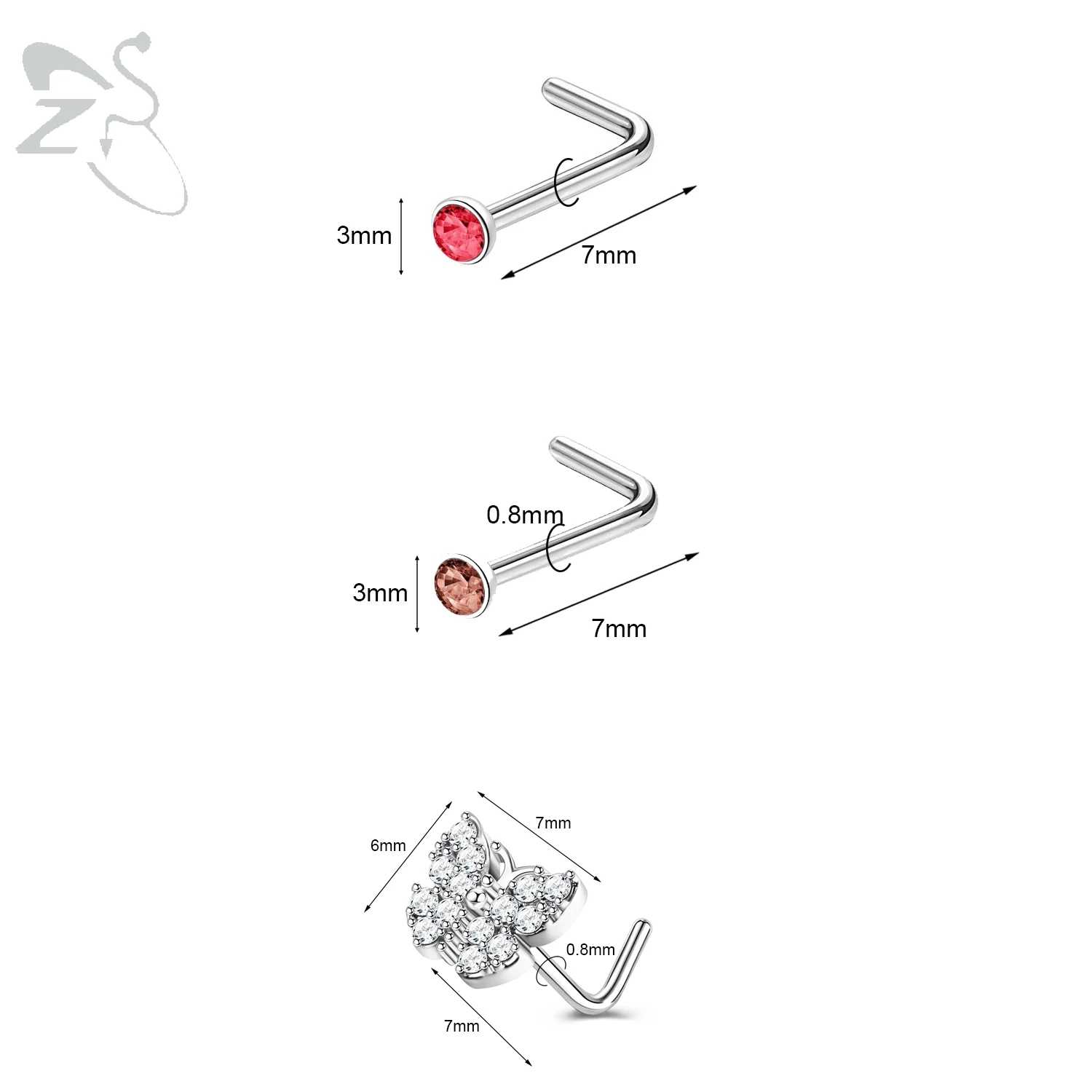 3pcs Stainless Steel Nose Stud Set with Crystals