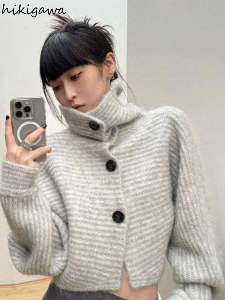 Cardigan Women 2024 Fall Winter Clothing Long Sleeve Turtleneck Solid Color Sueter Mujer Casual Fashion Knitted Sweater Tops