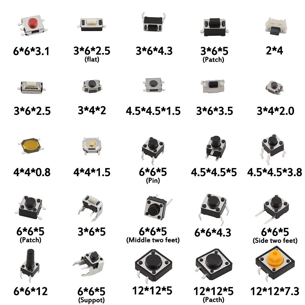 125PCS Assorted Micro Push Button Tact Switch Kit - 25 Types, Including Reset & Mini Leaf Switches, SMD/DIP 2*4 3*6 4*4 6*6