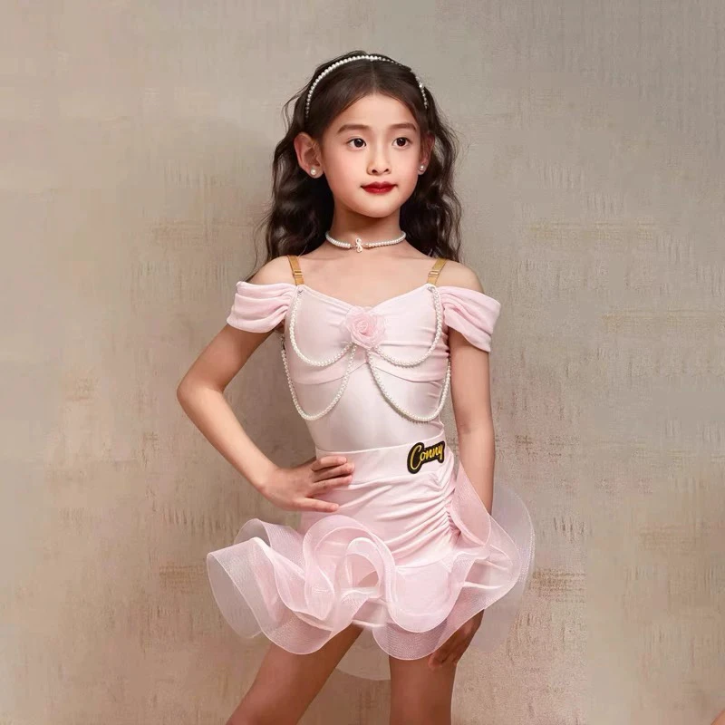 

2025 Latin Dance Summer New Girl's Practice Dress Children's Summer High End Performance Pink Latin Dance Tops and Skirt