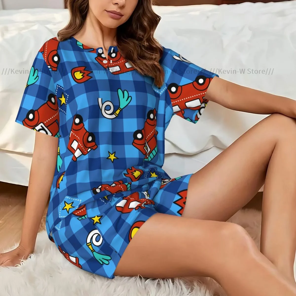 

Women Pajamas Homewear Set Fire Truck On Plaid Short-Sleeved Two-Piece Set Girl Nightwear Loungewear Sleepwear