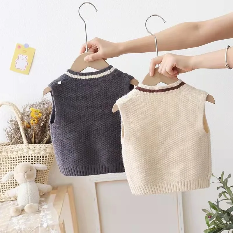 Spring Autumn Girls Boy Knit Cardigan Vest Fashion Children Vest Jacket Kids Baby V-neck Sleeveless Sweater Solid Waistcoats