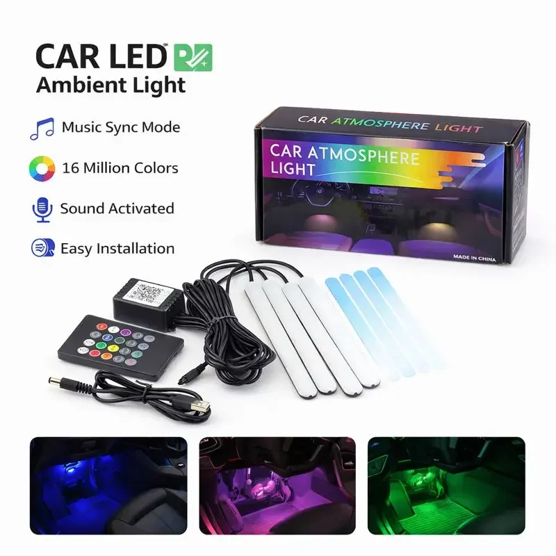

Автомобильные светодиодные окружающие освещение для ног, RGB-батарея звука музыки, 7-цветное внутреннее атмосферное освещение с декором разветвителя от 1 до 4