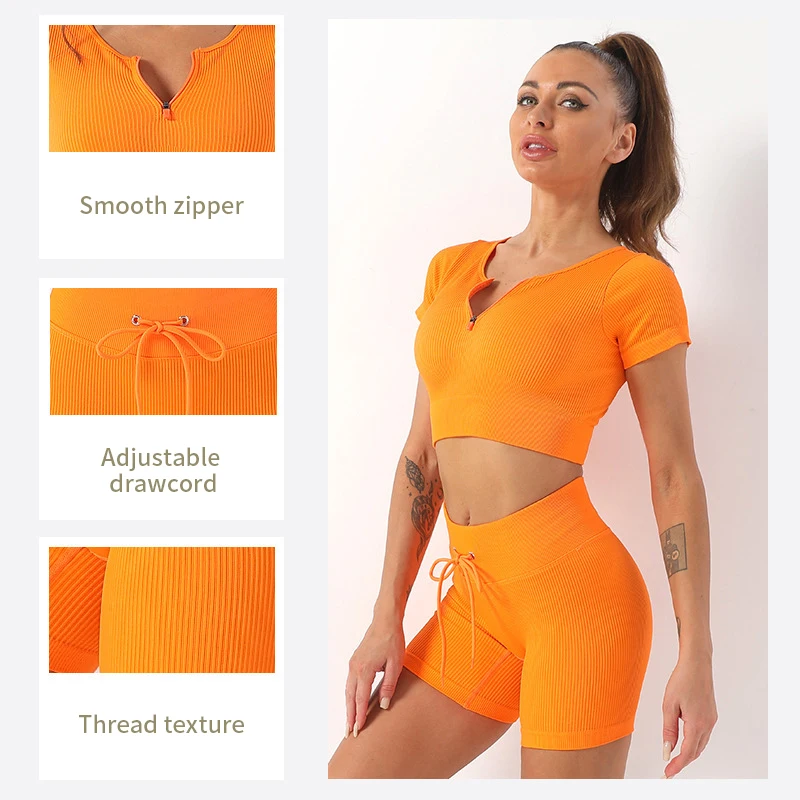 Stylish Short Sleeve Crop Tops Sports Tights Shorts Gym Set Woman