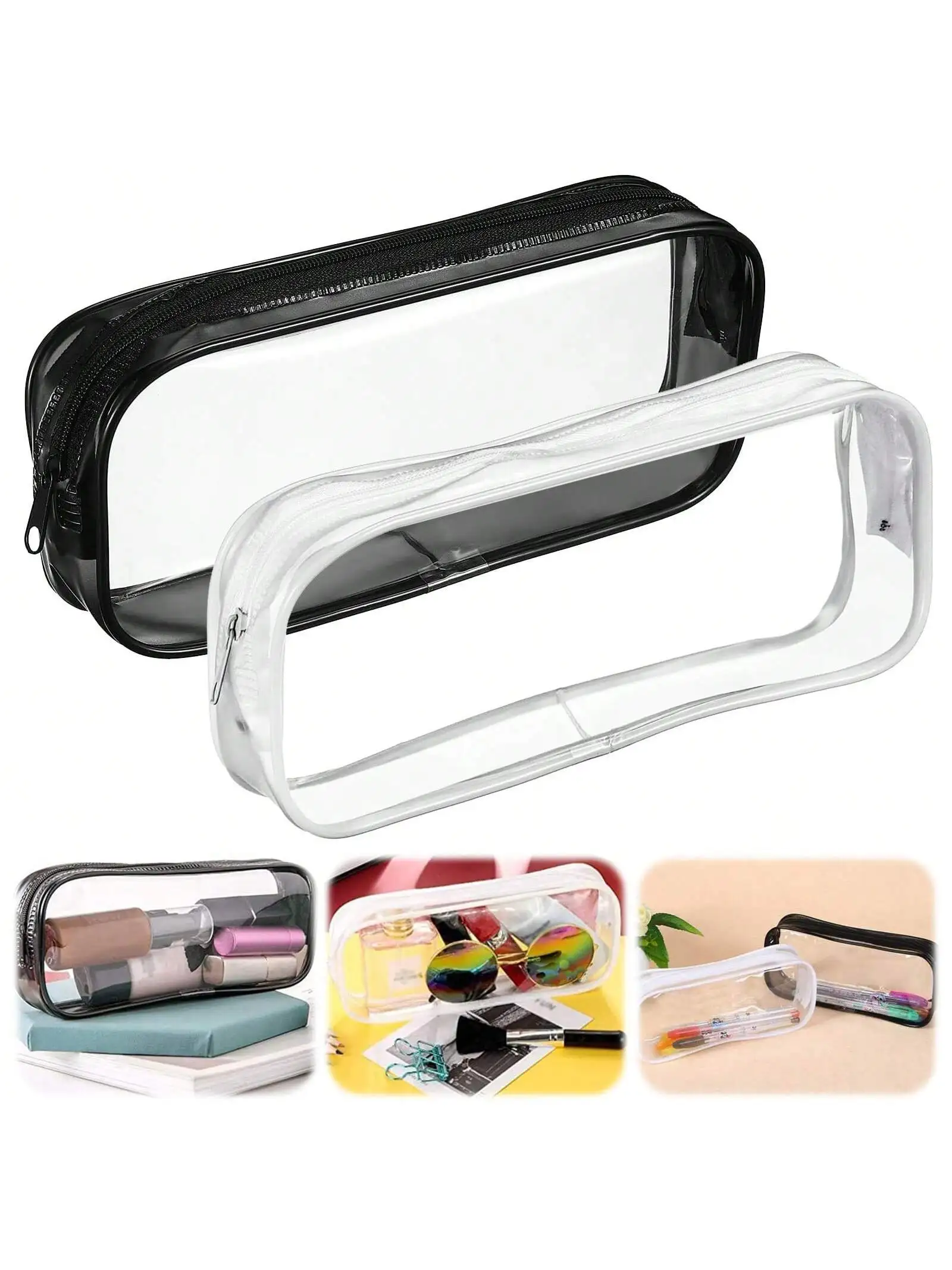 2 stücke Klar PVC Zipper Bleistift Tasche Toilettenartikel Prüfung Stift Bleistift Beutel Fall Reise Gepäck Make-up Kosmetik Tasche (schwarz und Weiß)