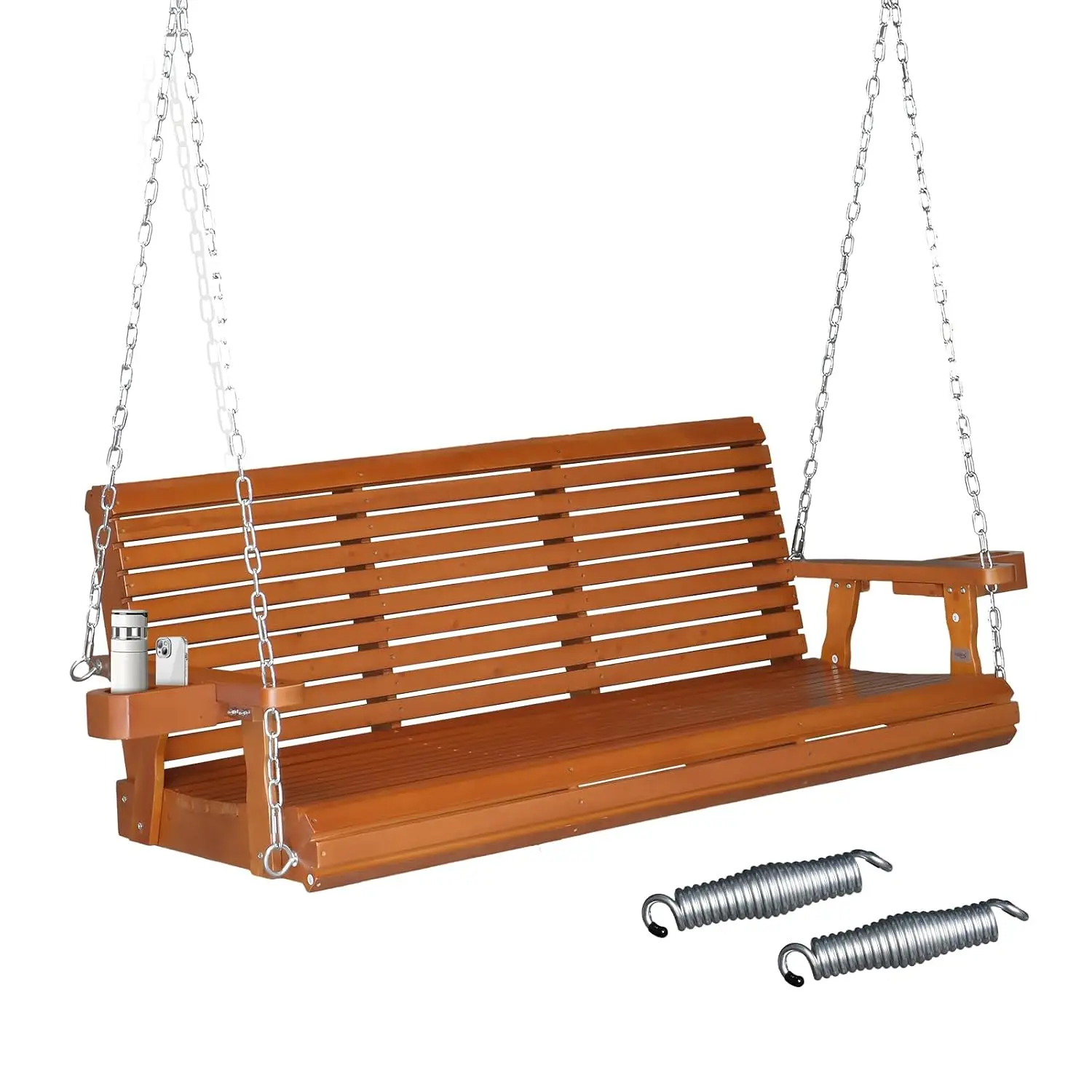 XL 5 FT Pro Wooden Porch Swing with Cup Holders, 880 LBS, Brown, Customized