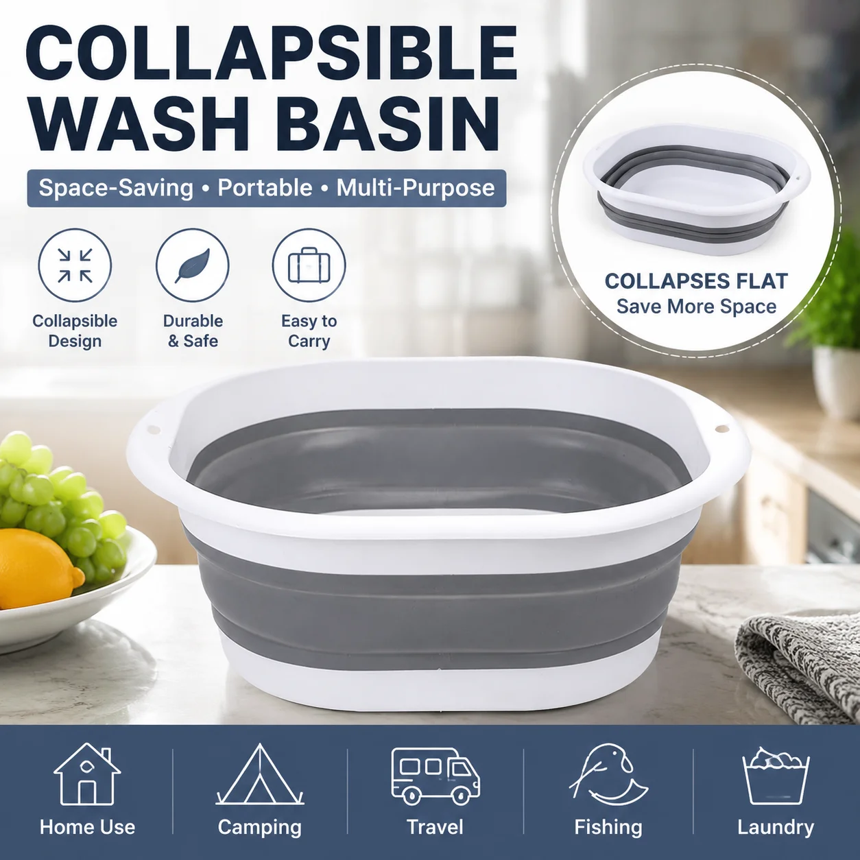 Portable Collapsible Silicone Foldable Basin Multi-Use for Vegetable Foot Spa Face Washing Travel Camping Dorm Outdoor Bucket