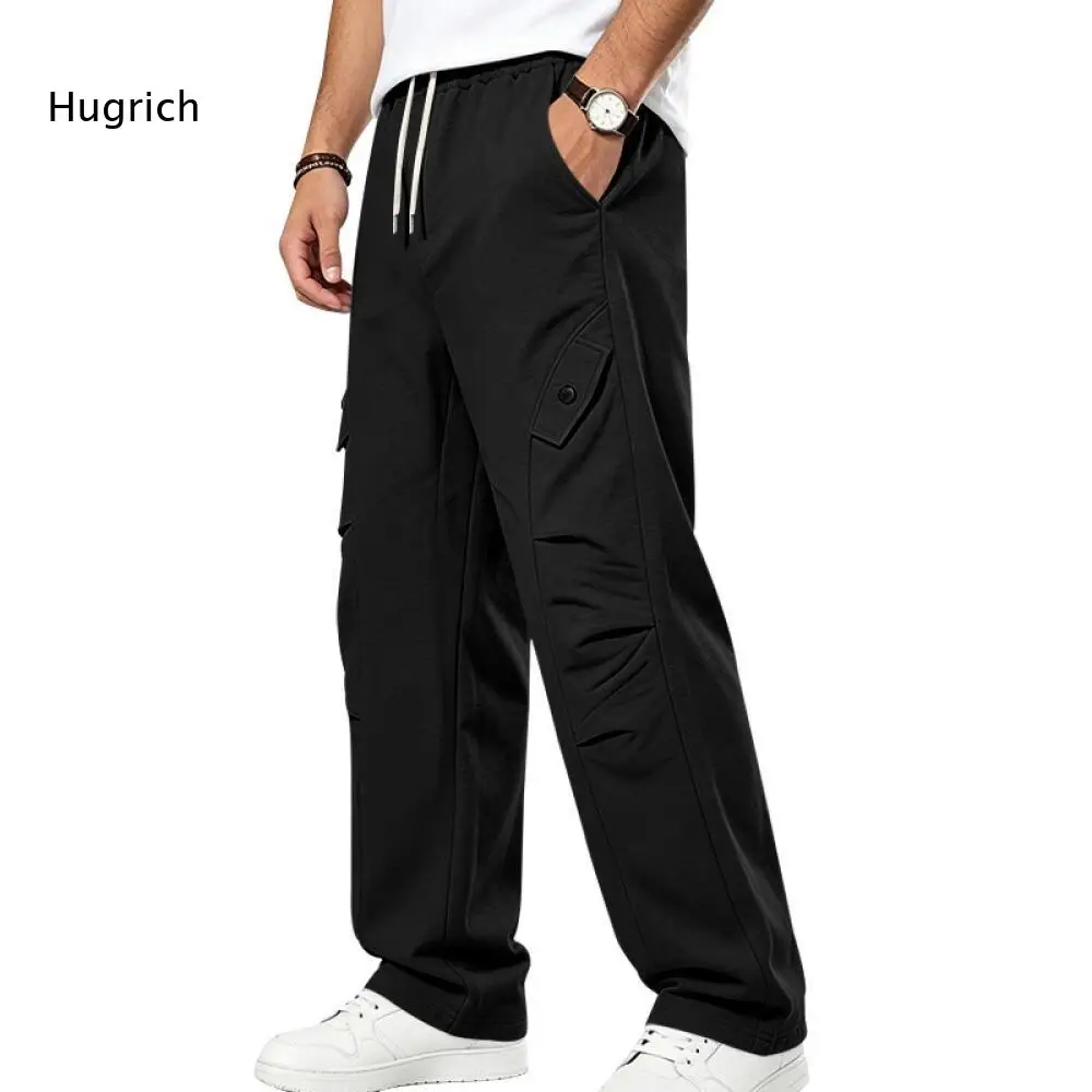 Loose Straight Casual Pants For Men Elastic Drawstring Waist Decor Cut Design Functional Side Pockets Daily Street Bottoms