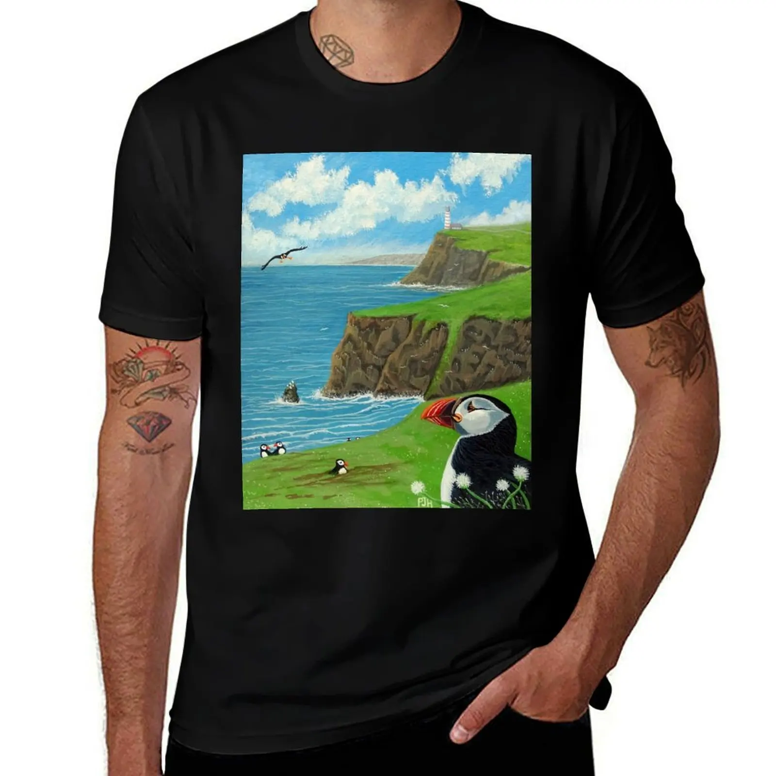 

Puffin Coast with Lighthouse Yonder T-Shirt shirts graphic tee anime figures aesthetic clothes plain white t shirts men