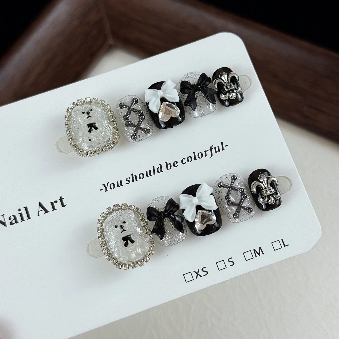 10pcs high-end Cute and cool style, hand-painted three-dimensional teddy bear, hearts, bows, dazzling sparkly diamonds handmade