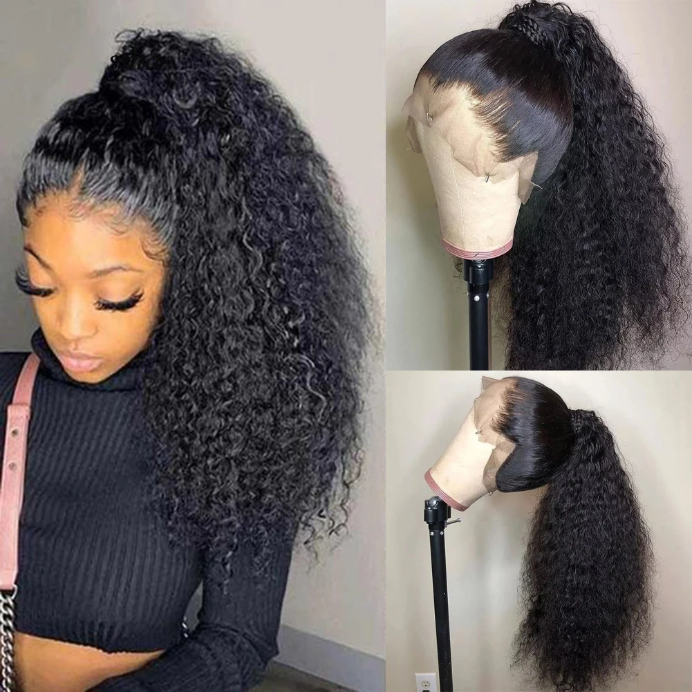 Kinky Curly Lace Front Wig para Mulheres, Natural Preto, Macio, Glueless, Lace Front, Cabelo do bebê, Preplucked, Diário, Cosplay, 26 "Long, 180 Densidade