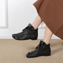 KNCOKAR Ankle Boots For Women Shoes Genuine Leather Lace-up Women Boots 2022 New Round Toe Flat With Sewing Ladies Shoes