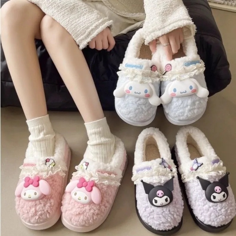 

Kawaii Kuromi Cinnamoroll My Melody Sanrio, удобные теплые тапочки с милыми героями мультфильмов, детская хлопковая обувь, подарок для детей