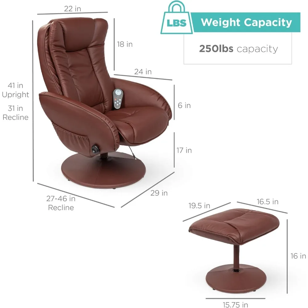 Faux Leather Electric Massage Recliner w/Stool Footrest Ottoman, Remote Control, 5 Heat & Massage Modes, Side Pockets - Brown