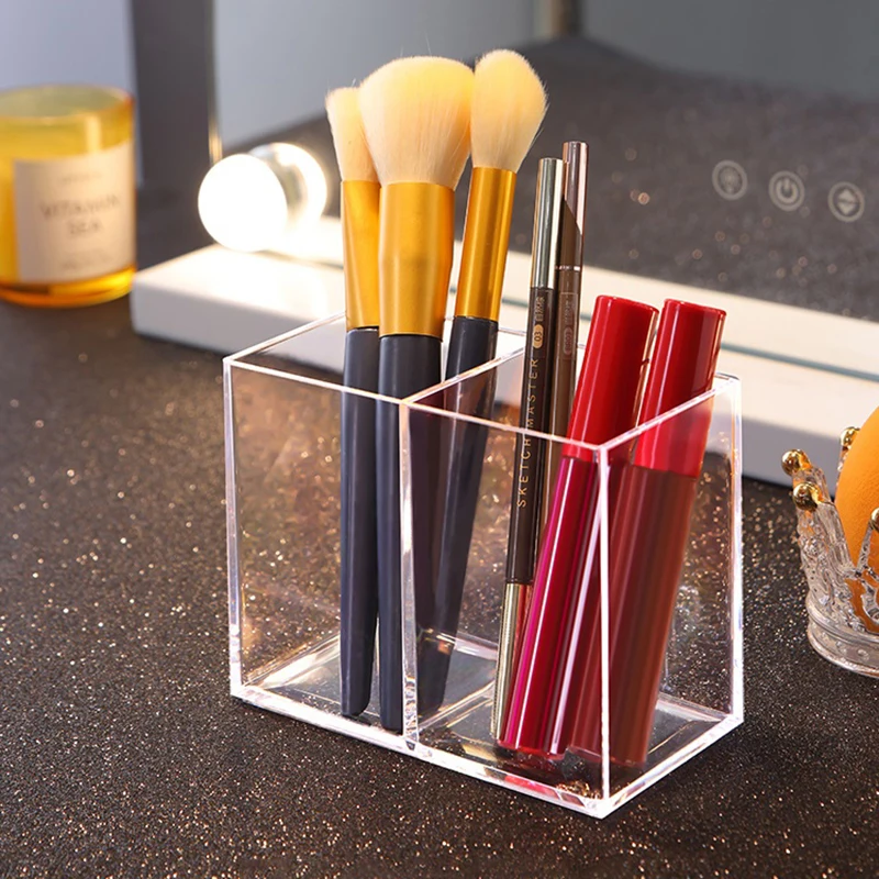 Brush Containers Storage Box 2 Grid Transparent Eyebrow Pencil Brush Holder Organizer For Cosmetics Makeup Organizer Boxes