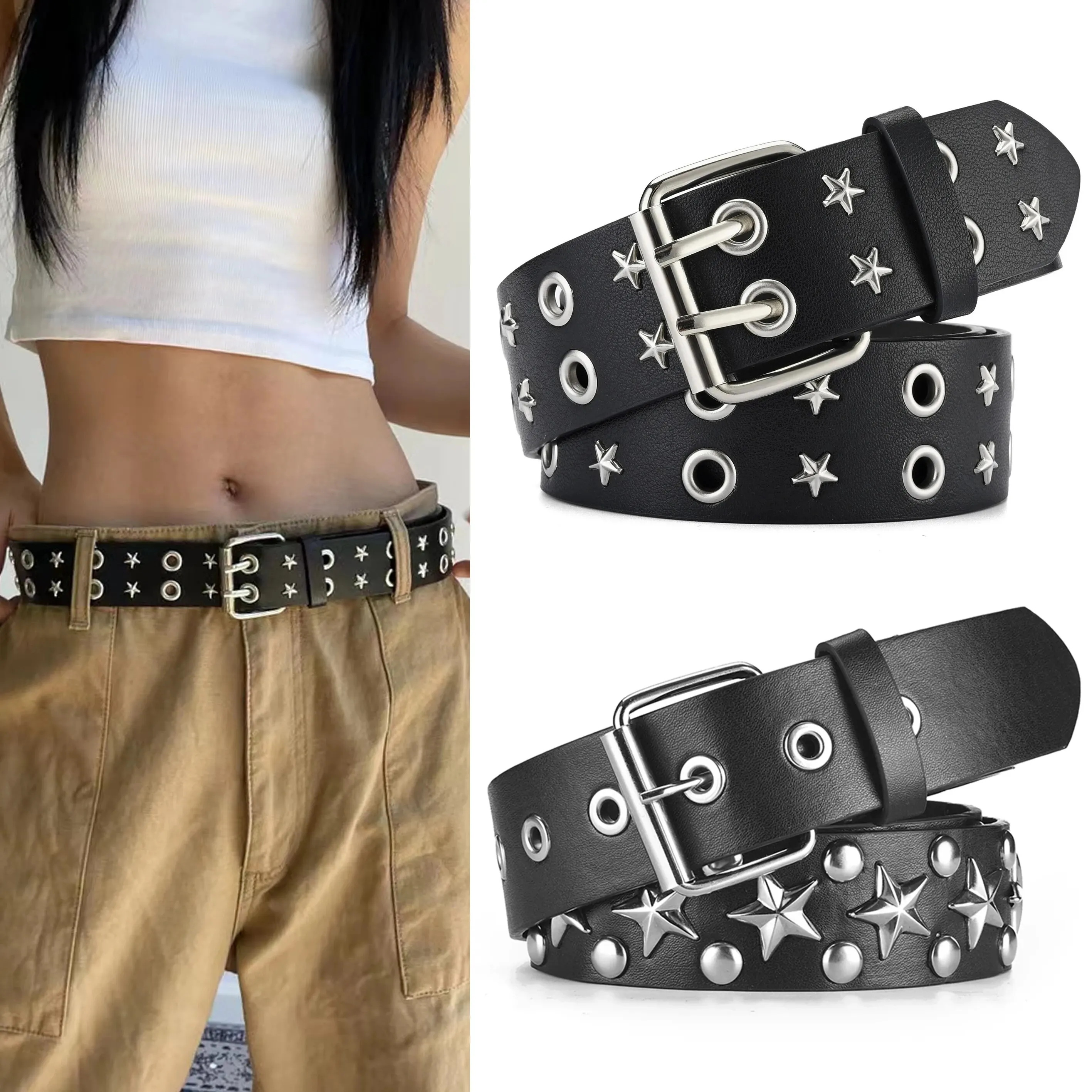 Trendy Pentagonal Star Rivet Women's Belt Hip Hop Punk Rock Y2k Style Men's Belt PU Leather Belt Paired With Jeans Neutral Belts