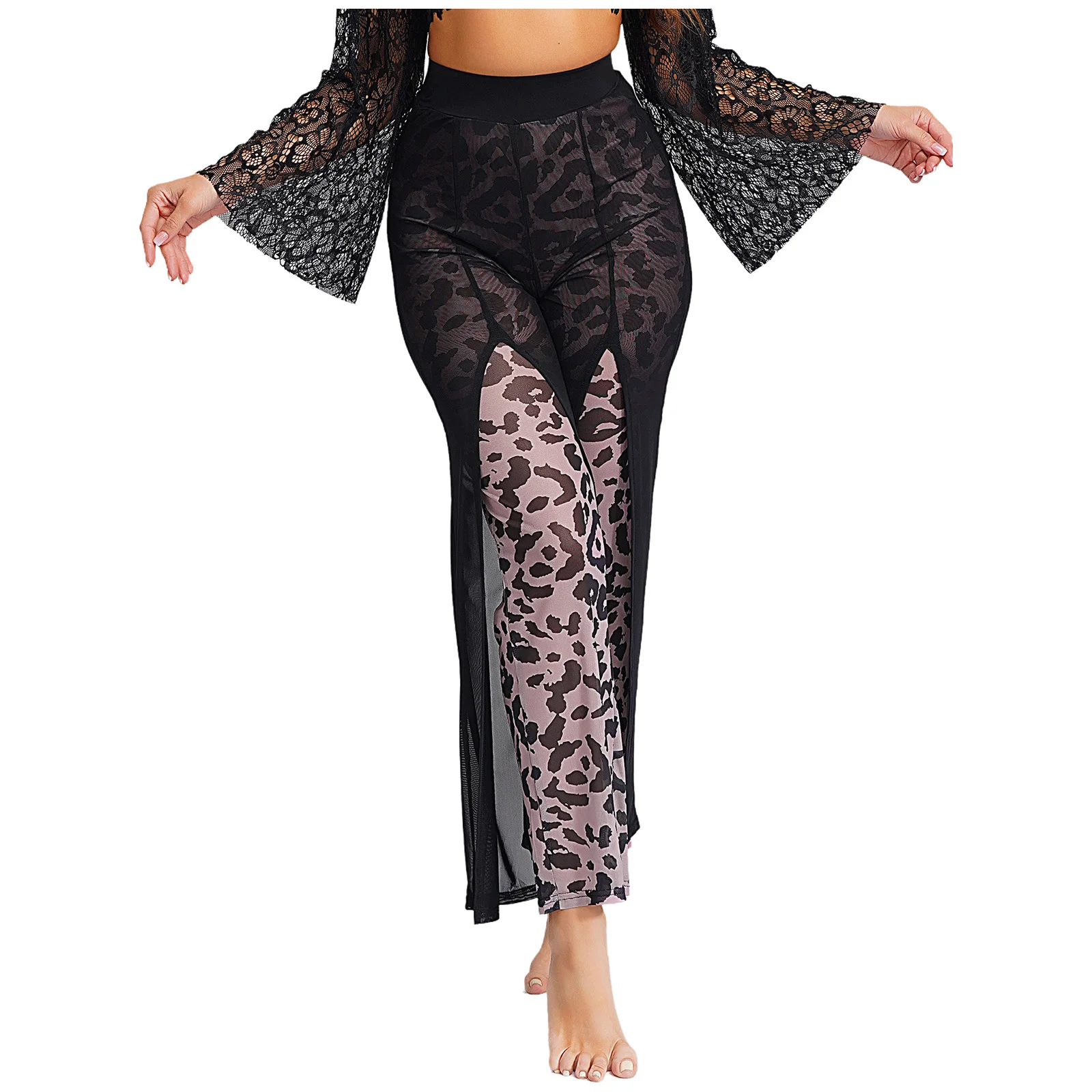 

Women Fashion Double Sheer Mesh Leopard Print Pants Elastic Waist Slit Wide Leg Pants Latin Modern Dance Trousers Casual Pants