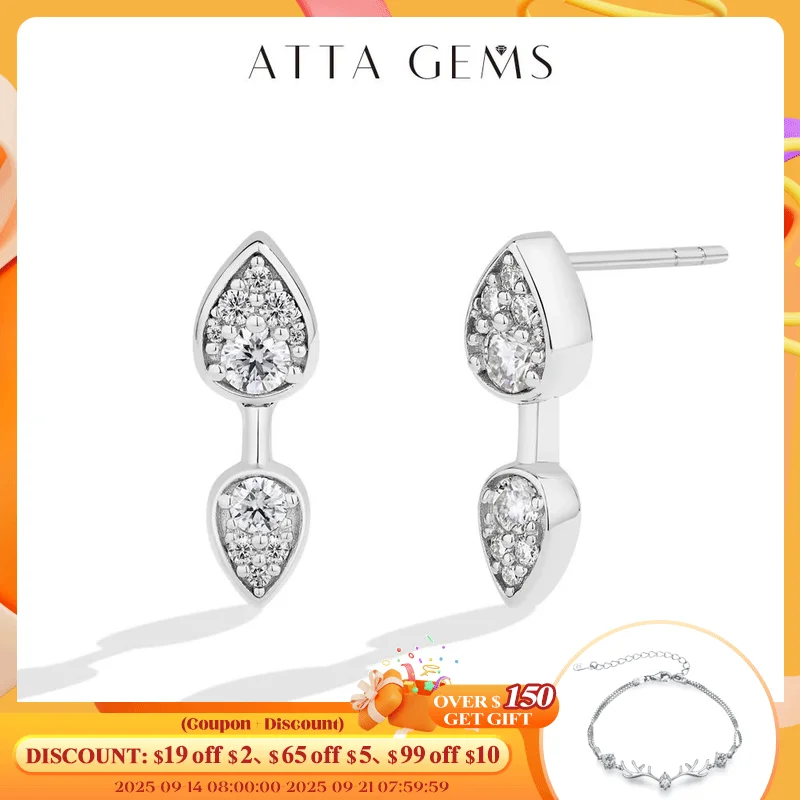 

ATTAGEMS Classic Full Moissanite Stud Earring Double Teardrop Design S925 Sterling Silver 18kGold Plated For Women Party Jewelry