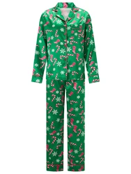 Women Christmas Pajamas Set Candy Cane/Tree/Bear/Santa Print Lapel Neck Button-up Long Sleeve Tops Long Pants Loungewear Outfit