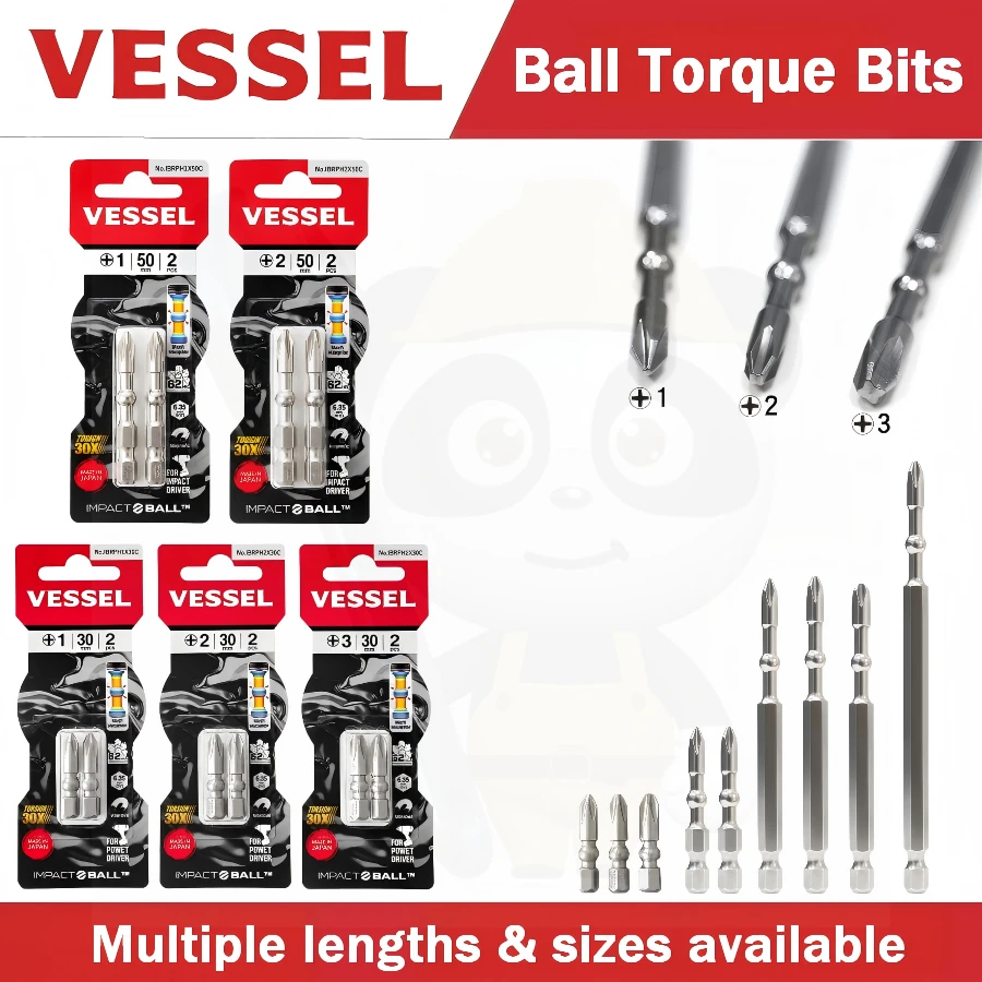 VESSEL IBRPH Japan Original Industrial Ball Torque Bits 2Pcs PH1/PH2/PH3/PZ2 30/50/90mm Heavy Duty Sold Separately