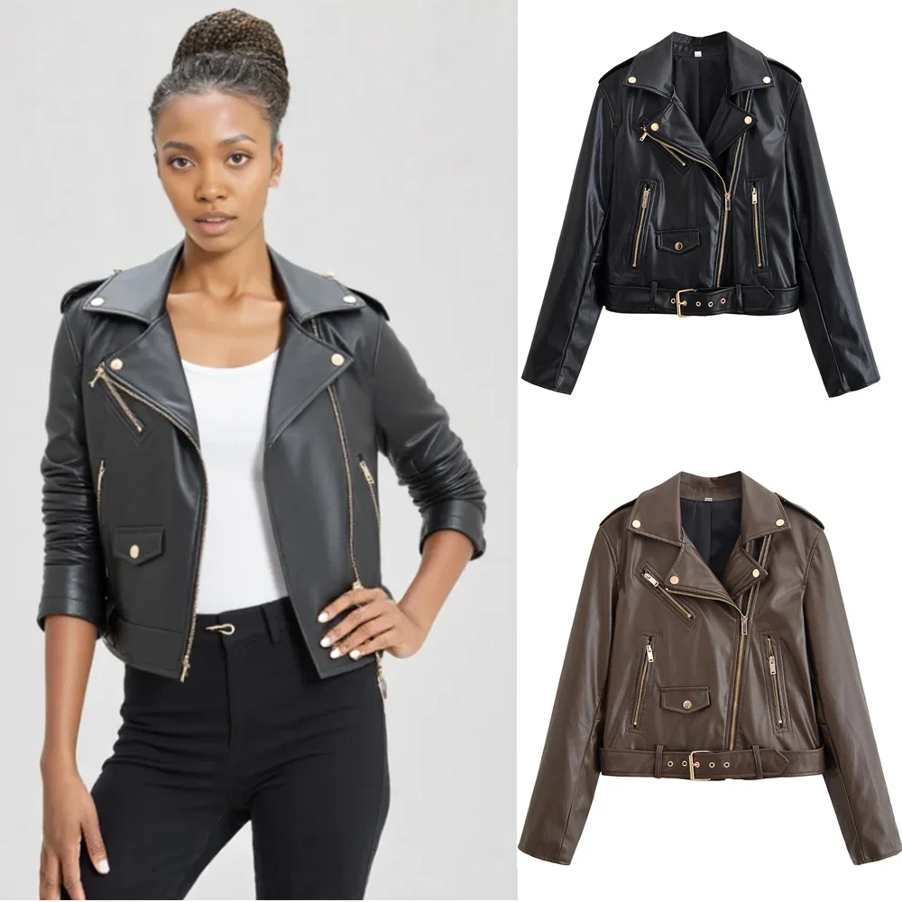 

Женская мотоциклетная куртка, осенняя новая однотонная кожаная куртка с длинным рукавом на молнии из искусственной кожи, крутое пальто, модная уличная верхняя одежда