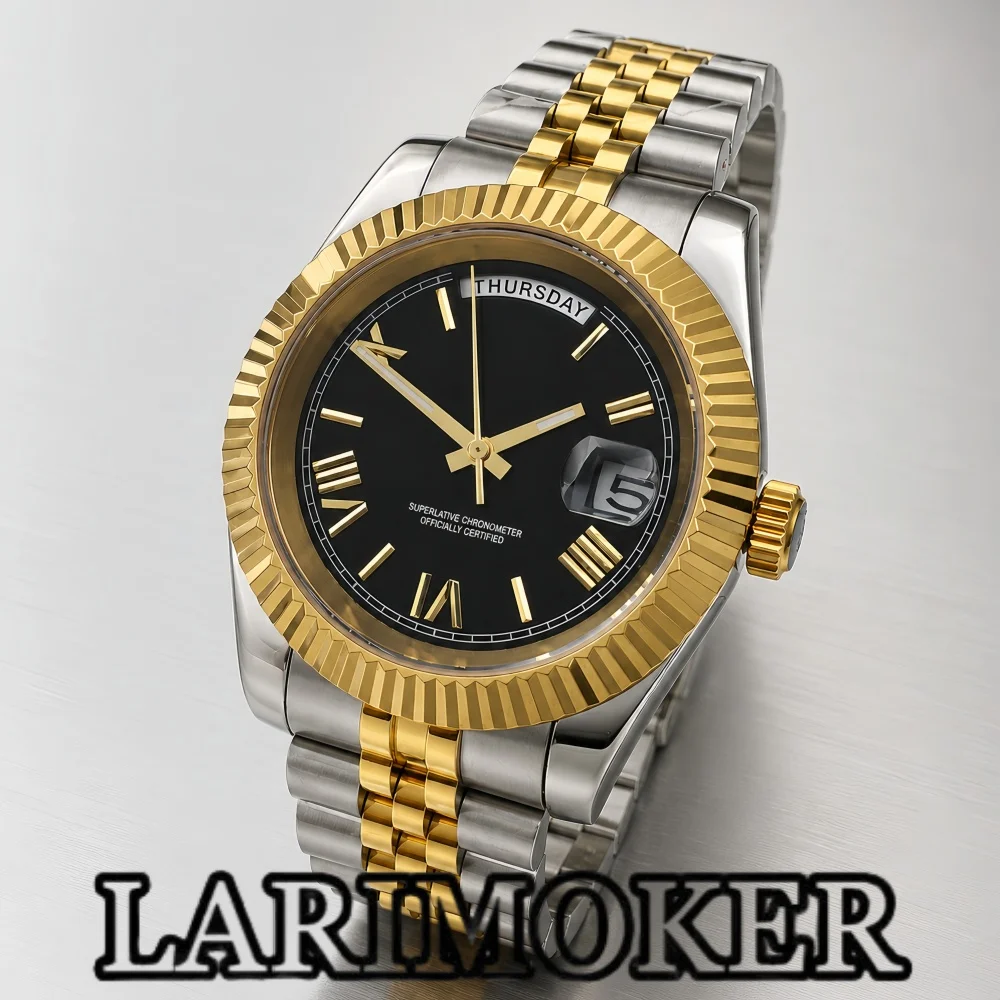 LARIMOKER 36mm 39mm Two-Tone Gold Men's Watch Miyota8285 Movement Roman Numeral Markers Textured Bezel Sapphire Glass Waterproof