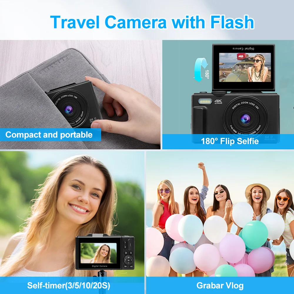 Compact Digital Photography Camera 4K 18X Digital Zoom Vintage Vlog Video Recorder YouTube 64MP 180° Flip Screen Cameras